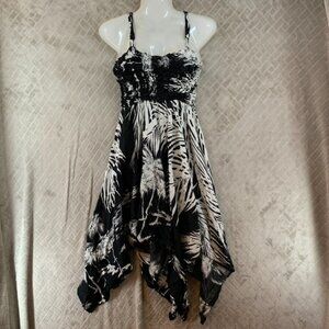 By The Sea Womans One Size Dress Black White Palm Print Knee Length Stretchy
